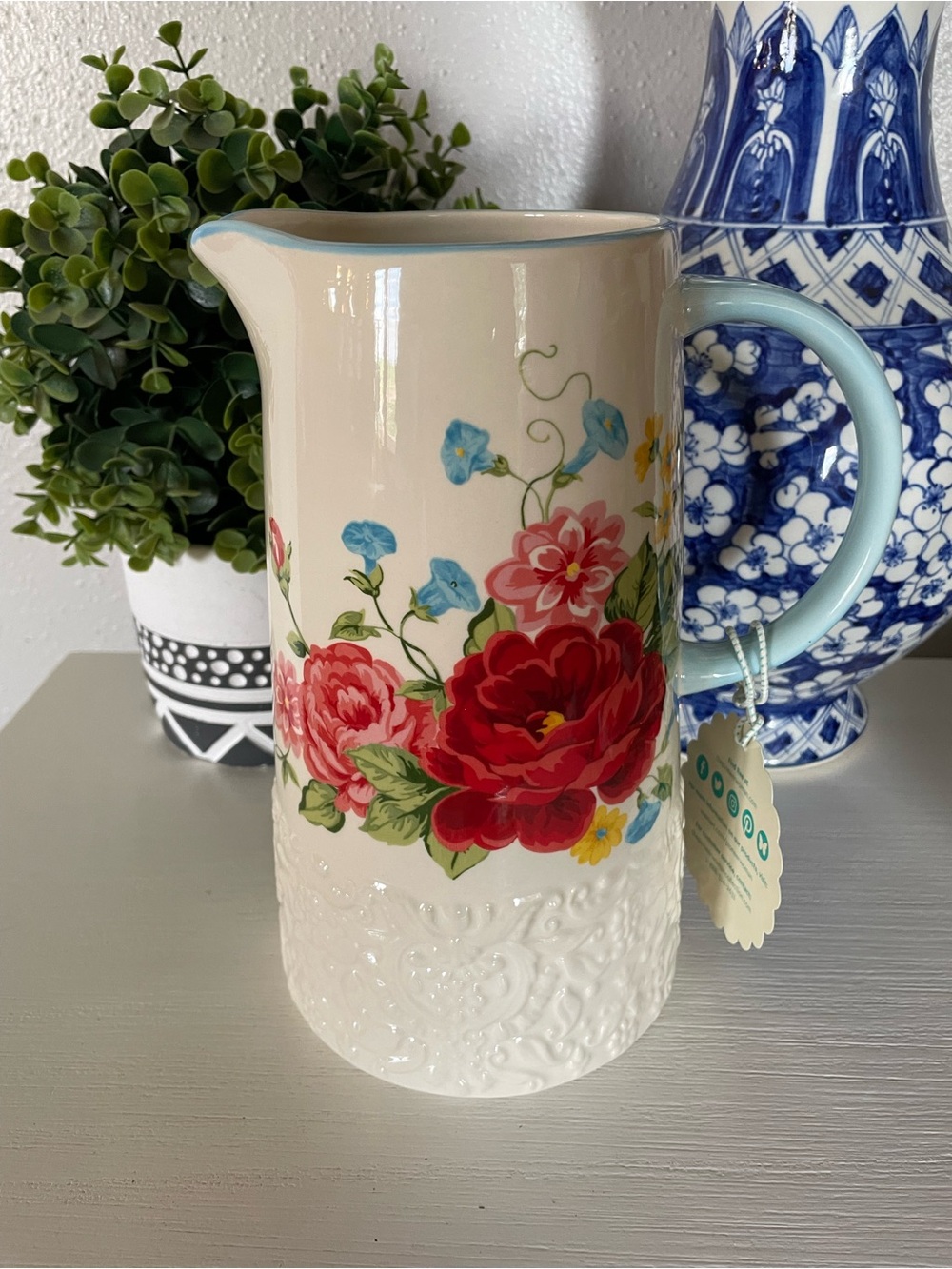 The Pioneer Woman Floral Ceramic Pitcher in Cream, Red, Blue